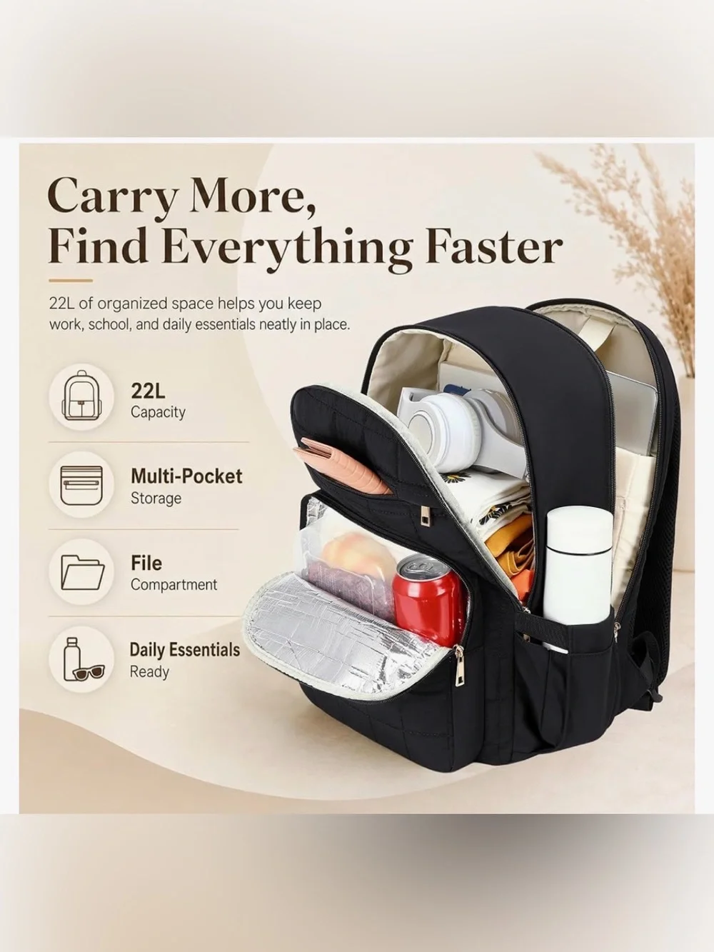 Black 22L Laptop Backpack w/ Insulated Lunch Pocket Travel School Work Bag
